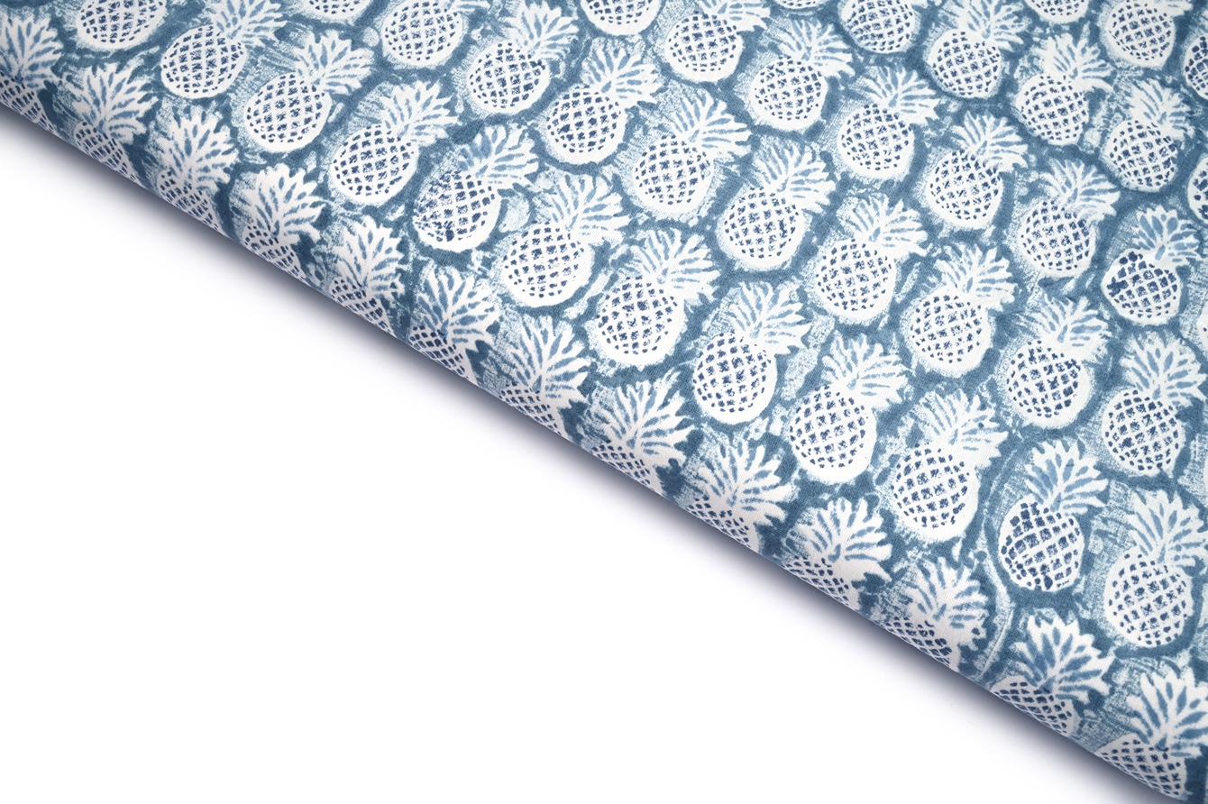 DENIM BLUE COLOR COTTON GAMTHI PINEAPPLE SHAOE HANDBLOCK WITH ABSTRACT BRUSH PATTERN PRINTED FABRIC 8678