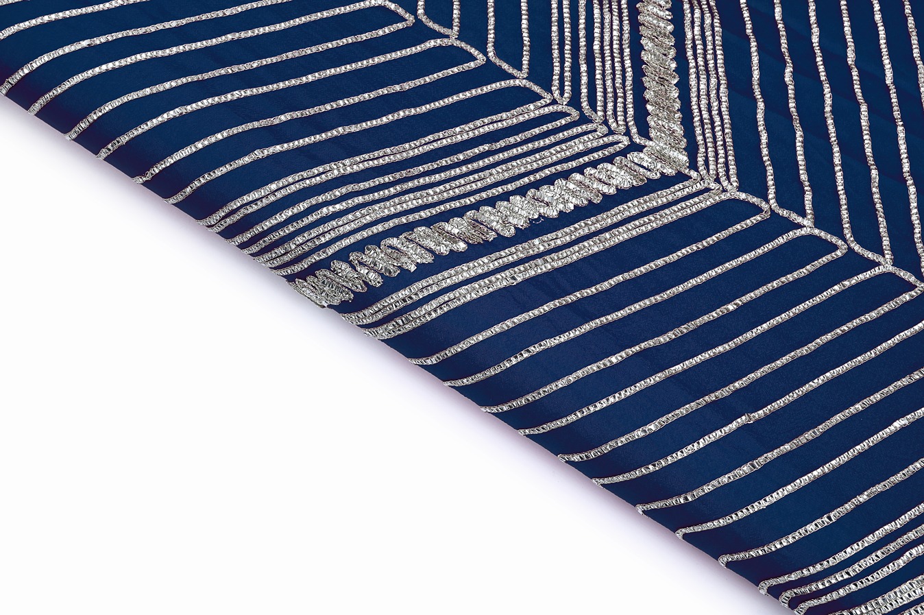 COBALT BLUE COLOR WISCOSS CHINON METALIC SILVER GOTA CHEVRON PATTERN EMBROIDERED WORK FABRIC 8792
