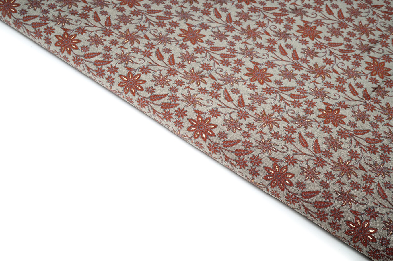 TUSSER GREY COLOR WISCOSS MUSLIN SILK DIGITAL ALLOVER RUST ZAAL WITH GOLD FOIL PATTERN PRINTED FABRIC 9039