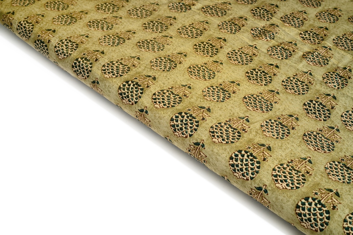 METHI GREEN COLOR WISCOSS MUSLIN DIGITAL GOLD FOIL WITH FLORAL MOTIVE PATTERN PRINTED FABRIC 9060