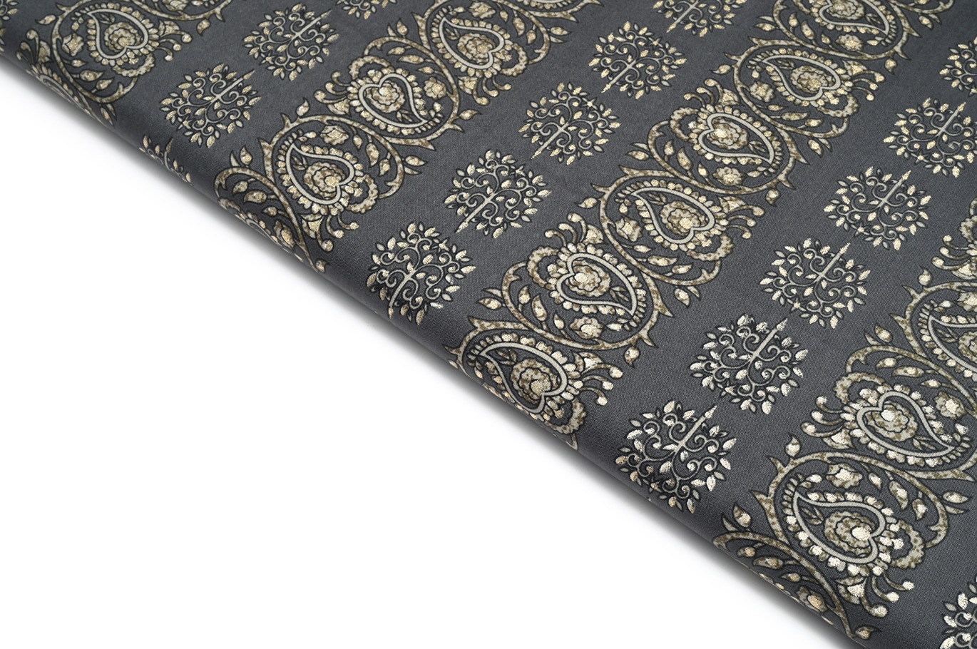ROYAL CREST BROWN COLOR COTTON BLEND RAYON PAISLEY BORDER & GEOMETRIC MOTIVE WITH GOLD FOIL PATTERN PRINTED FABRIC 9067