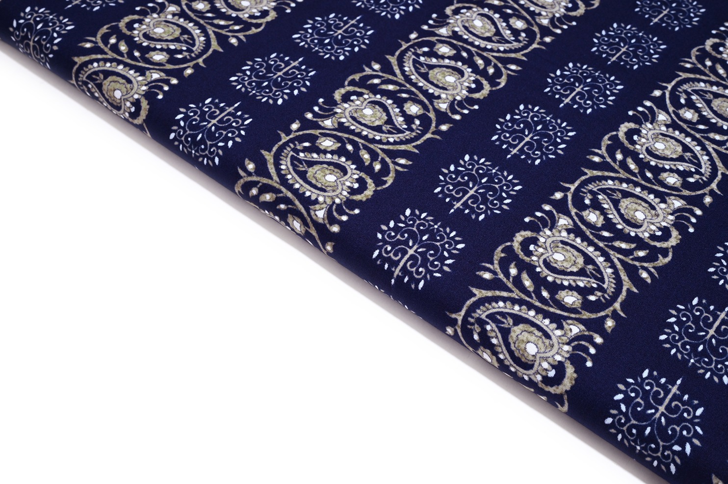 MOONLIGHT NEAVY BLUE COLOR COTTON BLEND RAYON PAISLEY BORDER & GEOMETRIC MOTIVE WITH GOLD FOIL PATTERN PRINTED FABRIC 9068
