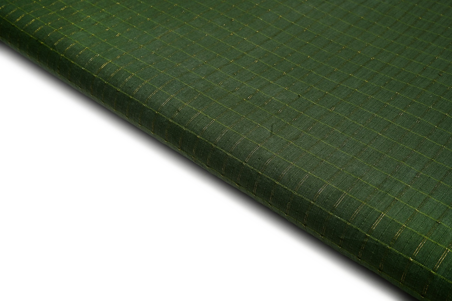 FOREST GREEN COLOR METALIC GOLD ZARI WEAVE CHEX PATTERN COTTON HANDLOOM FABRIC 9113