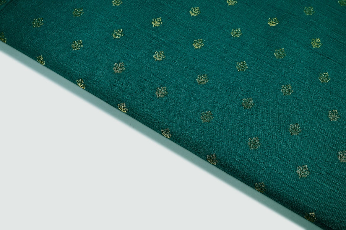 EMARALD SEA GREEN  COLOR TWOTONE TEXTURE WITH METALIC GOLD WEAVE MOTIVE PATTERN PORY SILK BROCADE FABRIC 11112