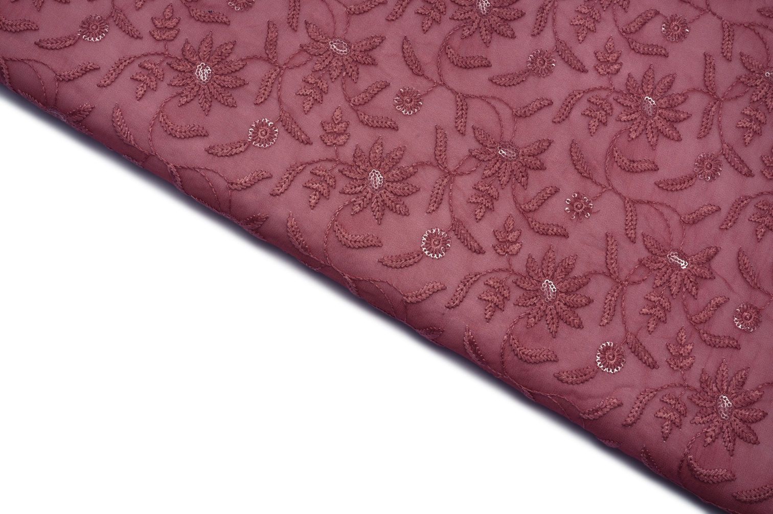 WILD ROSE PINK COLOR WISCOSS GEORGET EMBOSS THREAD & SEQUANCE ALLOVER  EMBROIDERED WORK FABRIC 11475
